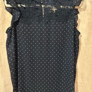 LOFT Dark Blue Blouse with White Dots and Lace
